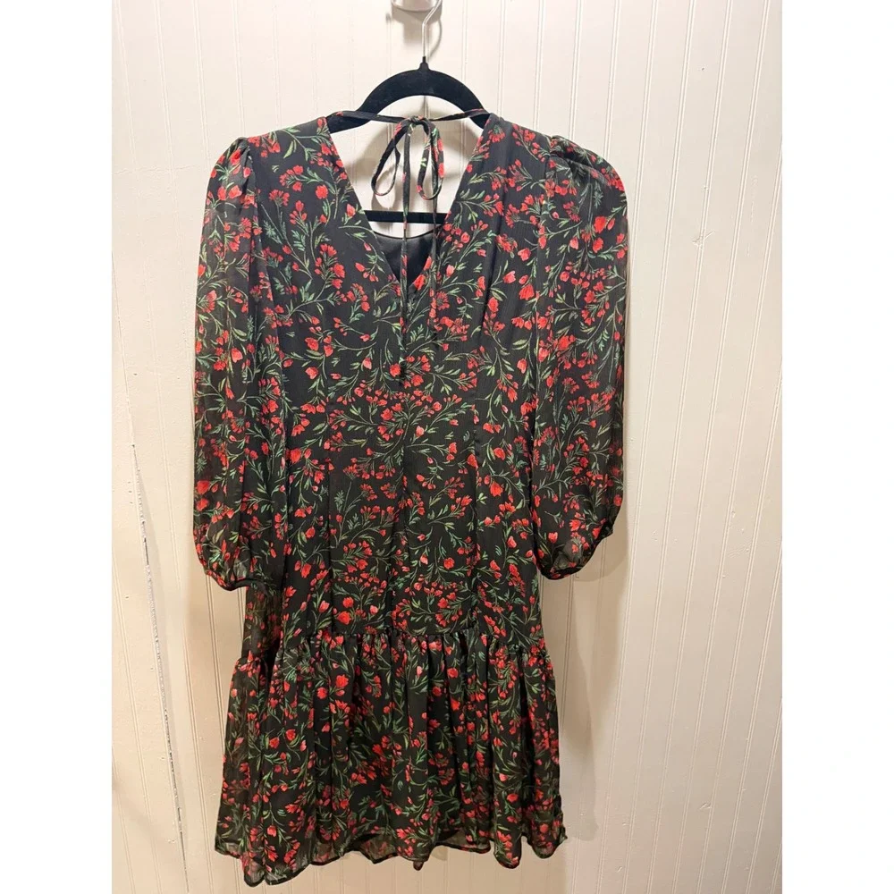 Calvin Klein Floral Puff Sleeve Ruffle Hem Mini Dress Black‎ Red Size 2